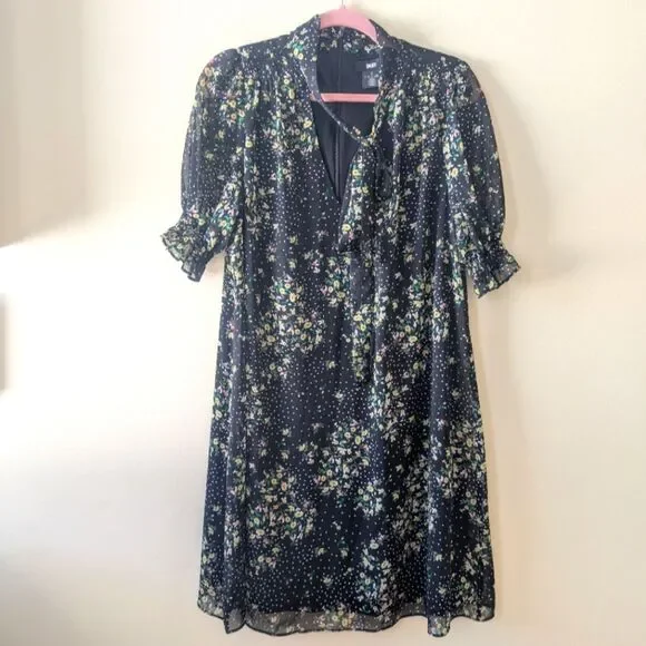 DKNY Floral-Print Tie-Neck Shift Dress Black Multi Size 14 - Picture 3 of 9
